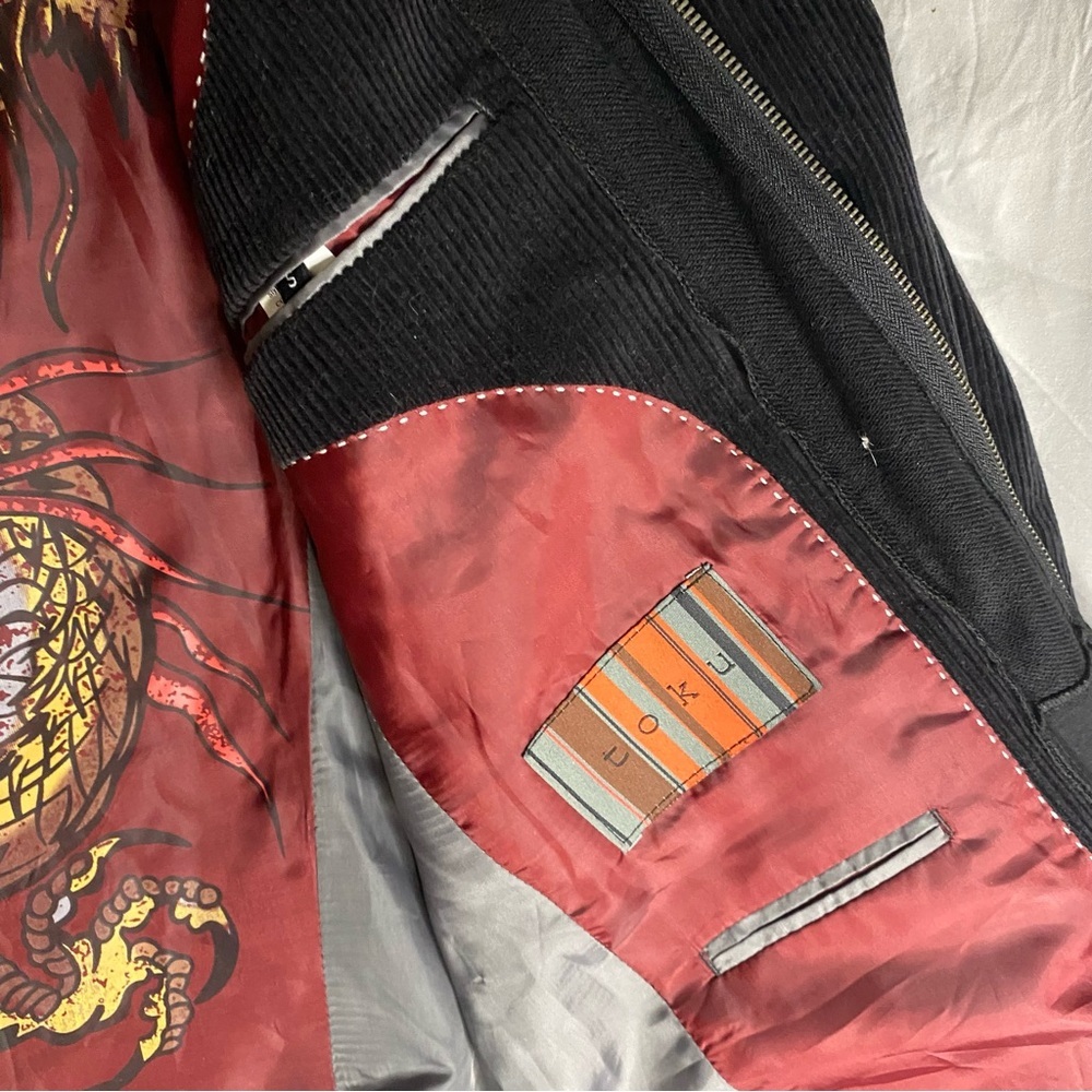 Toku Black Corduroy Hooded Jacket Coat Satin Dragon Liner Painted Lions Mens S‎ - Picture 7 of 12